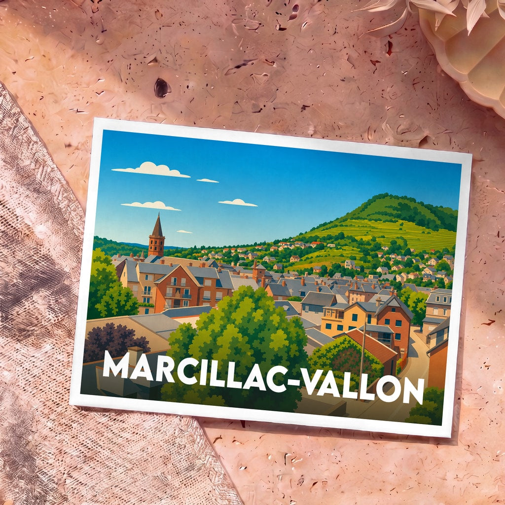 Carte postale souvenir de la ville de Marcillac-Vallon avec une illustration stylisée et colorée.