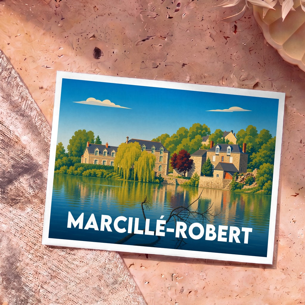 Carte postale souvenir de la ville de Marcillé-Robert avec une illustration stylisée de maisons au bord de l'eau.