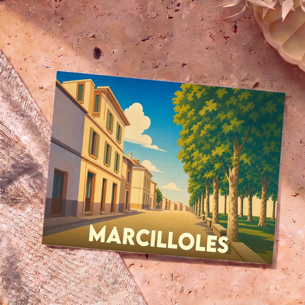 Carte postale souvenir de la ville de Marcilloles avec une illustration stylisée d'une rue ensoleillée bordée d'arbres.