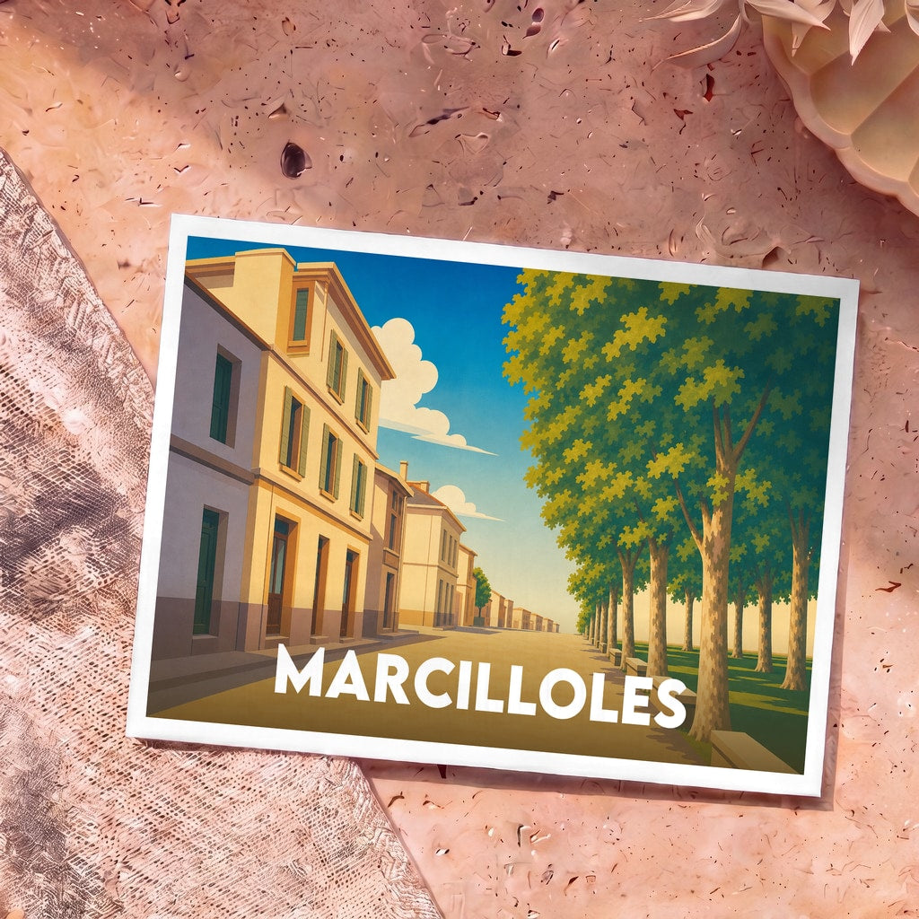 Carte postale souvenir de la ville de Marcilloles avec une illustration stylisée d'une rue ensoleillée bordée d'arbres.