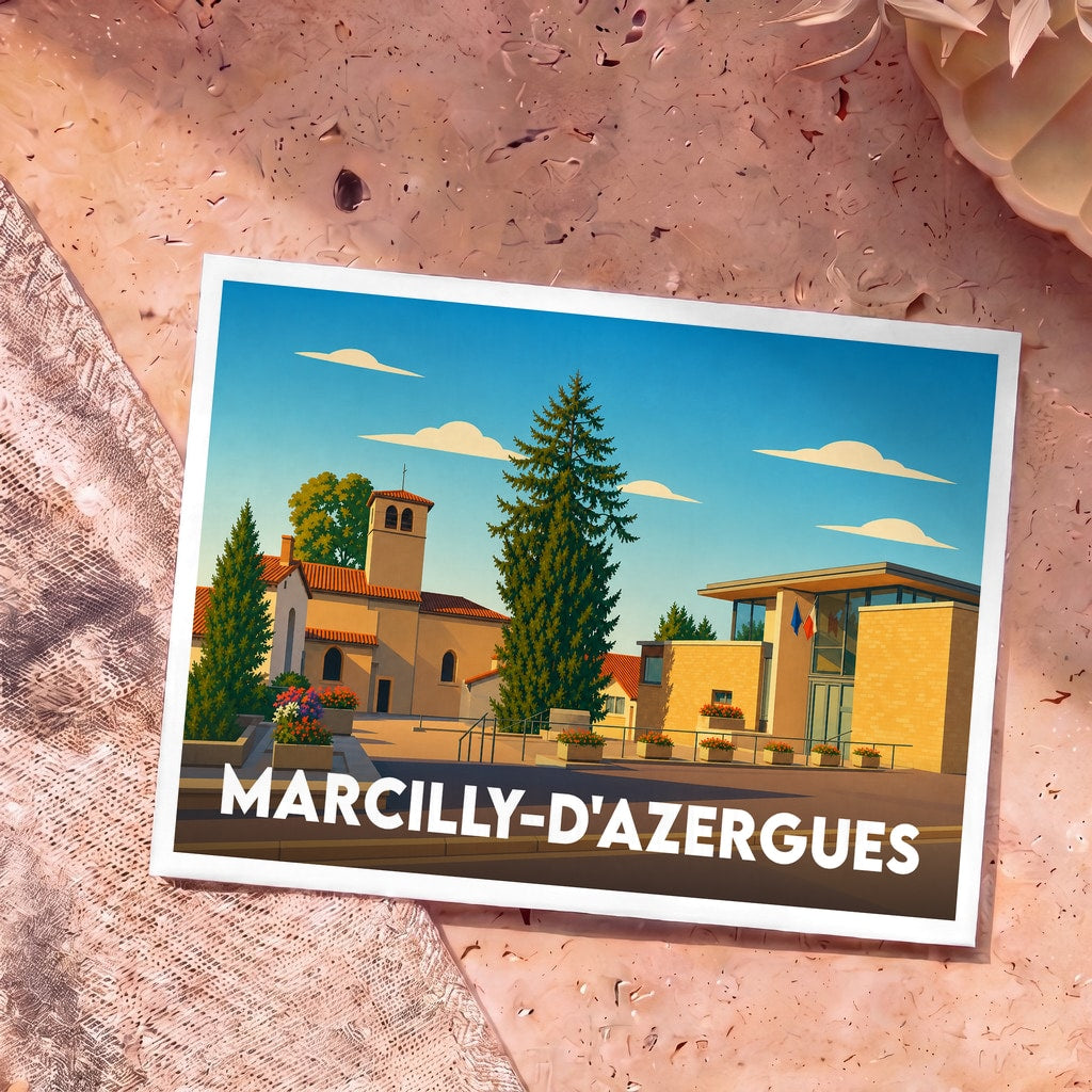 Carte postale souvenir de la ville de Marcilly-d'Azergues avec une illustration stylisée de sa place principale.