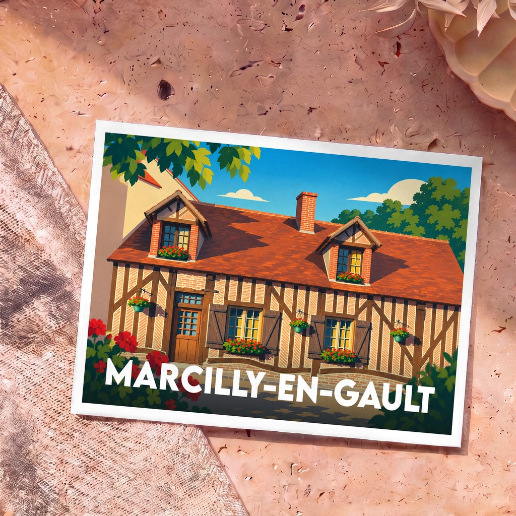 Carte postale souvenir de la ville de Marcilly-en-Gault avec une illustration stylisée d'une maison à colombages.