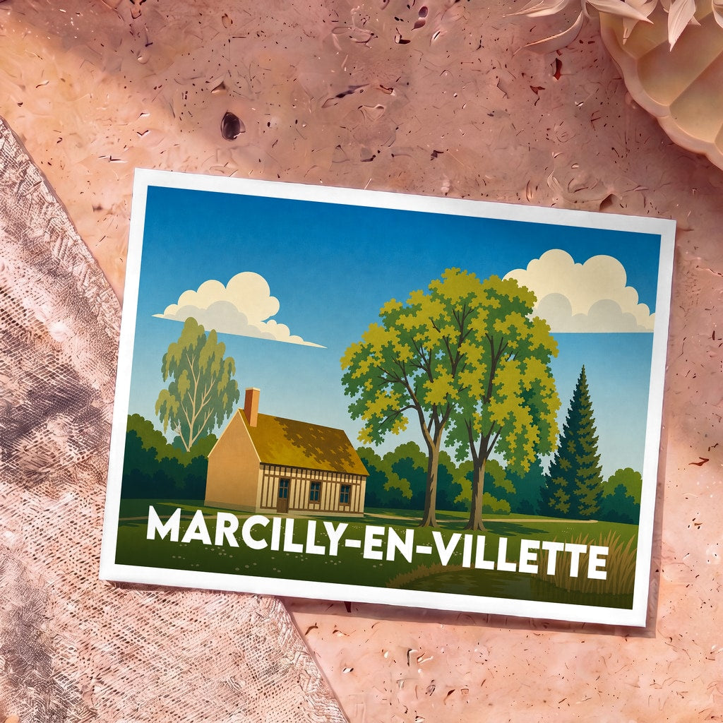 Carte postale souvenir de Marcilly-en-Villette avec une illustration stylisée d'une maison rurale et de grands arbres.