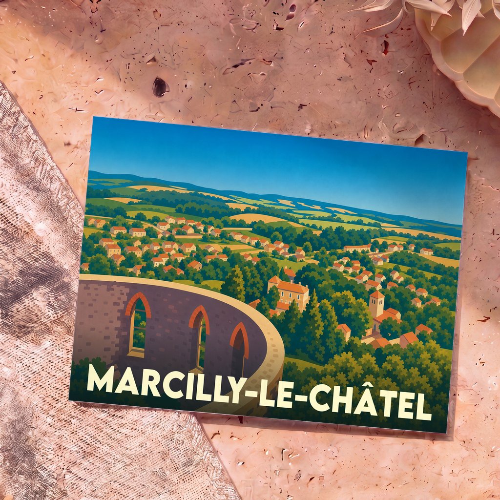 Carte postale souvenir de la ville de Marcilly-le-Châtel avec une illustration stylisée d'un panorama vallonné depuis les remparts.