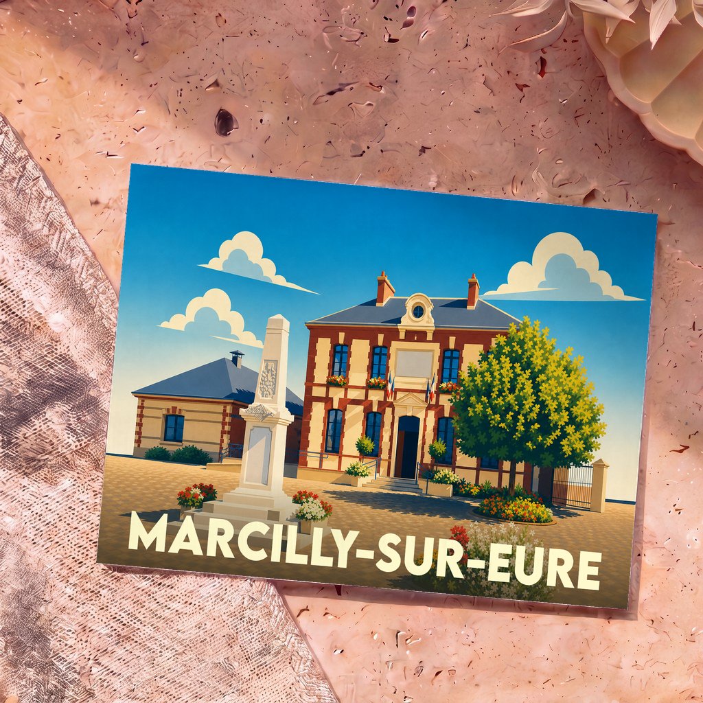 Carte postale souvenir de la commune de Marcilly-sur-Eure arborant une illustration colorée et stylisée de sa mairie.