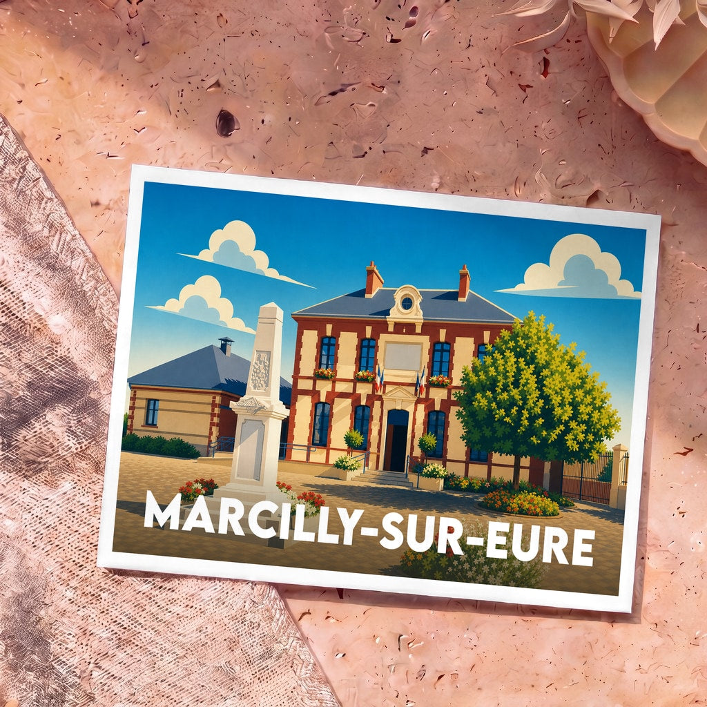 Carte postale souvenir de la commune de Marcilly-sur-Eure arborant une illustration colorée et stylisée de sa mairie.