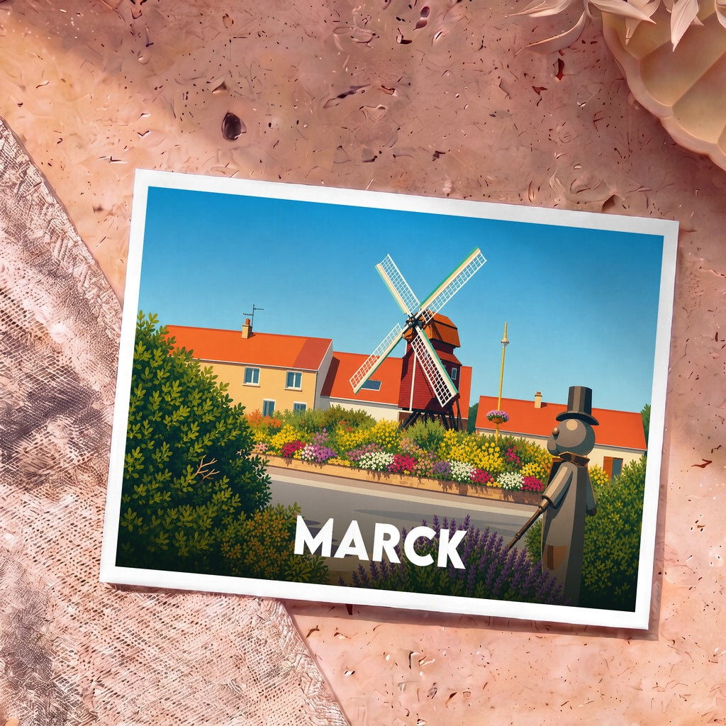 Carte postale souvenir de la ville de Marck avec une illustration colorée représentant un moulin et un personnage stylisé.