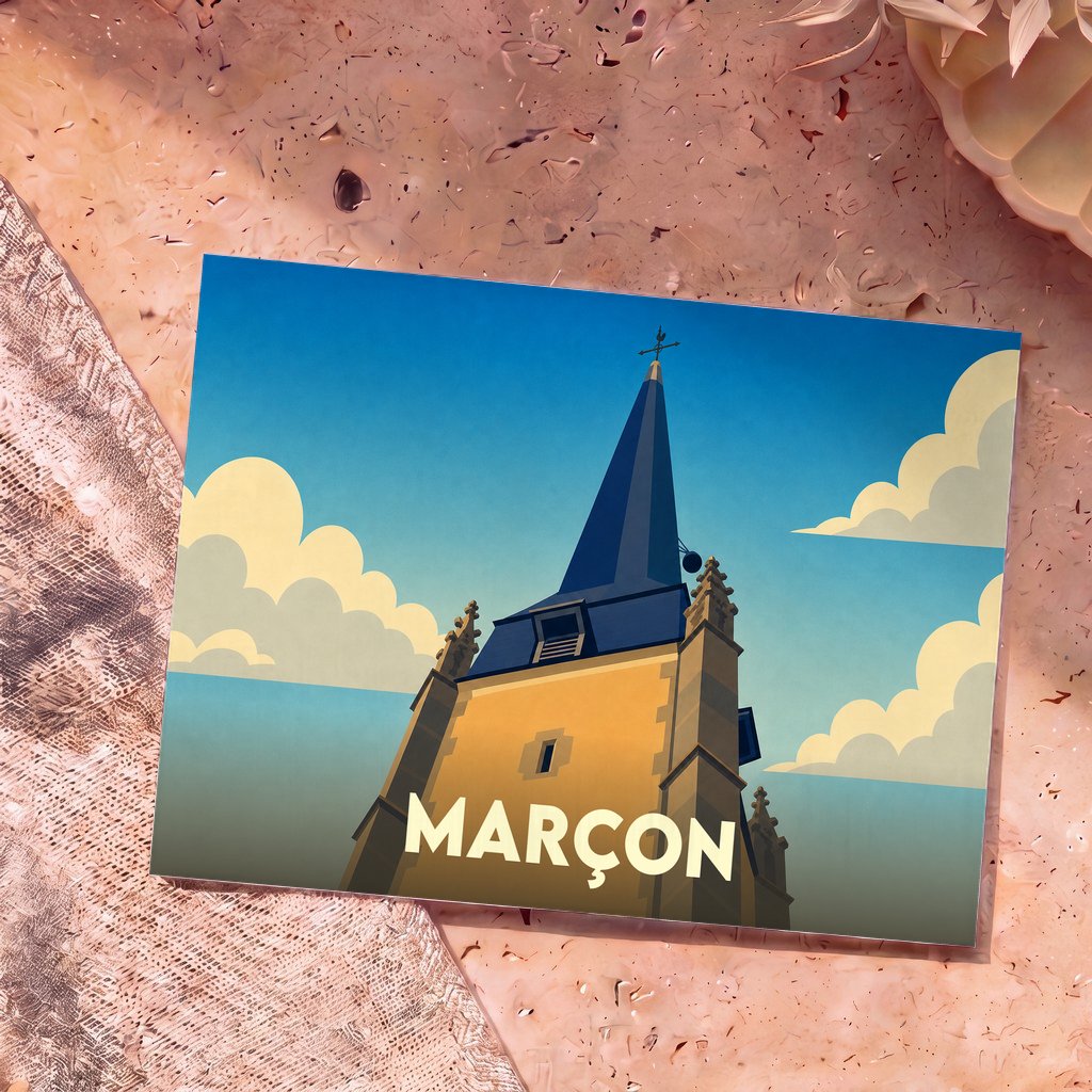 Carte postale souvenir de la ville de Marçon illustrant son clocher avec un design graphique et coloré.