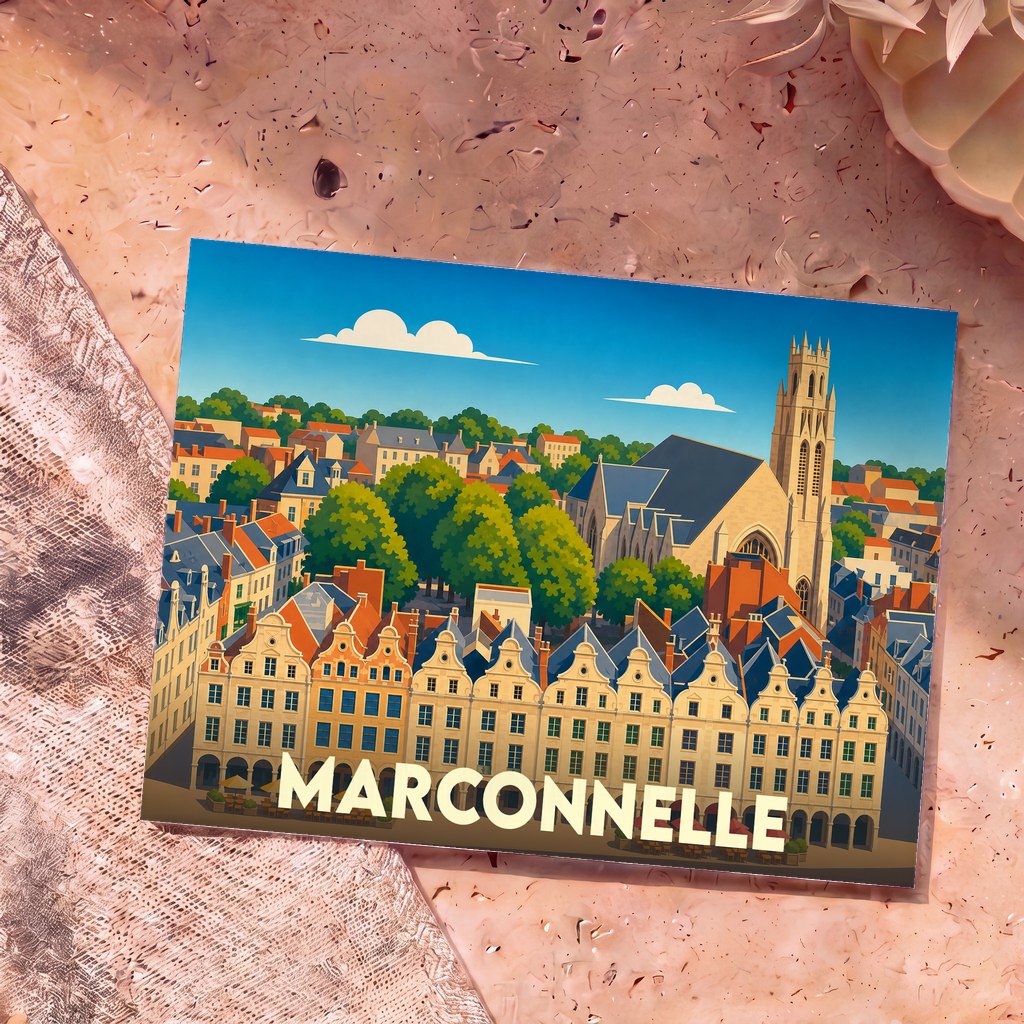 Carte postale souvenir de la ville de Marconnelle avec une illustration stylisée de son architecture.