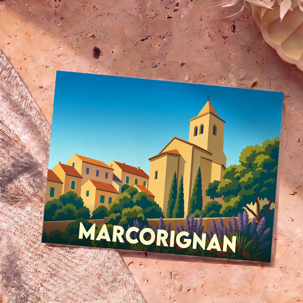 Carte postale souvenir de la ville de Marcorignan avec une illustration stylisée.