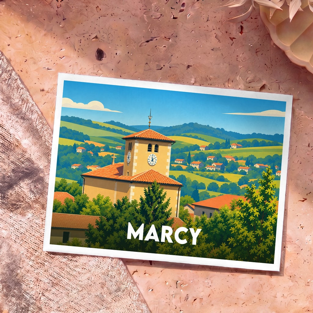 Carte postale souvenir de la ville de Marcy avec une illustration stylisée de son église au cœur de collines verdoyantes.