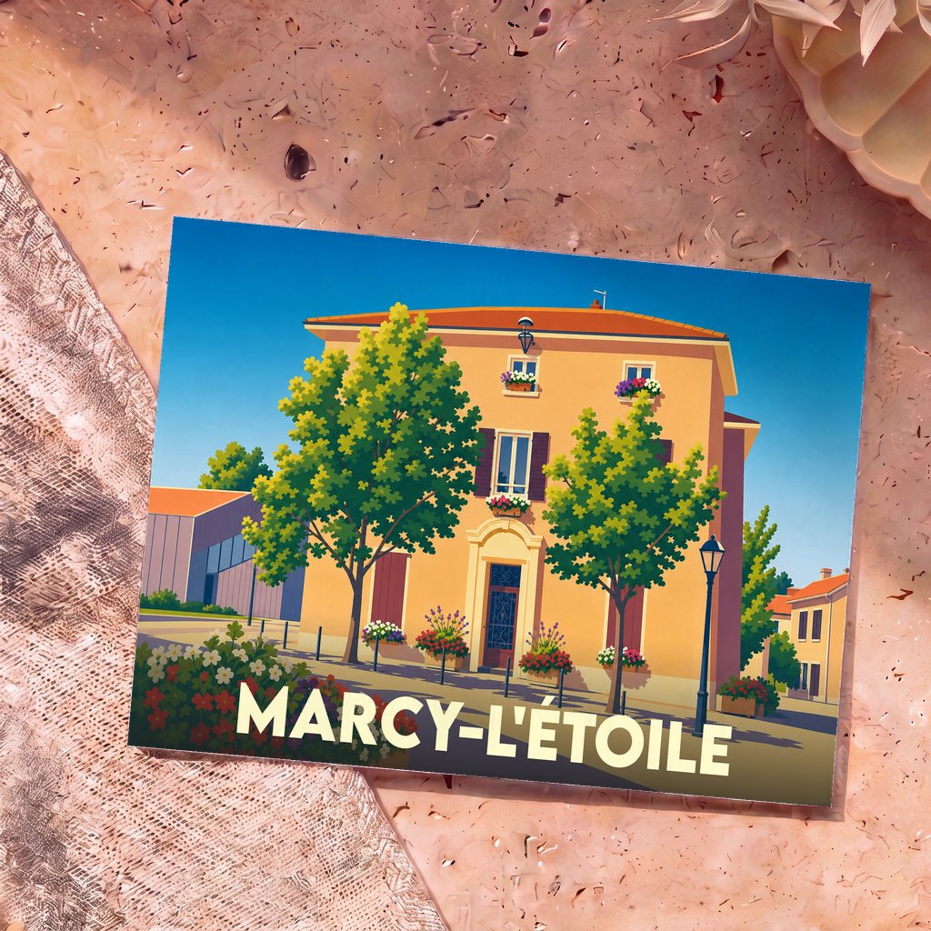 Carte postale souvenir de la ville de Marcy-l'Étoile avec une illustration stylisée d'une maison de maître ensoleillée.