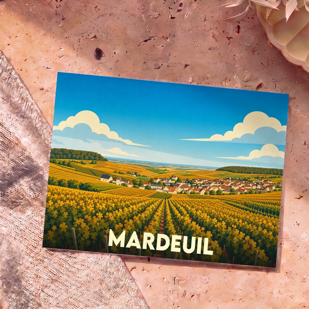 Carte postale souvenir de la ville de Mardeuil avec une illustration stylisée de ses vignobles.