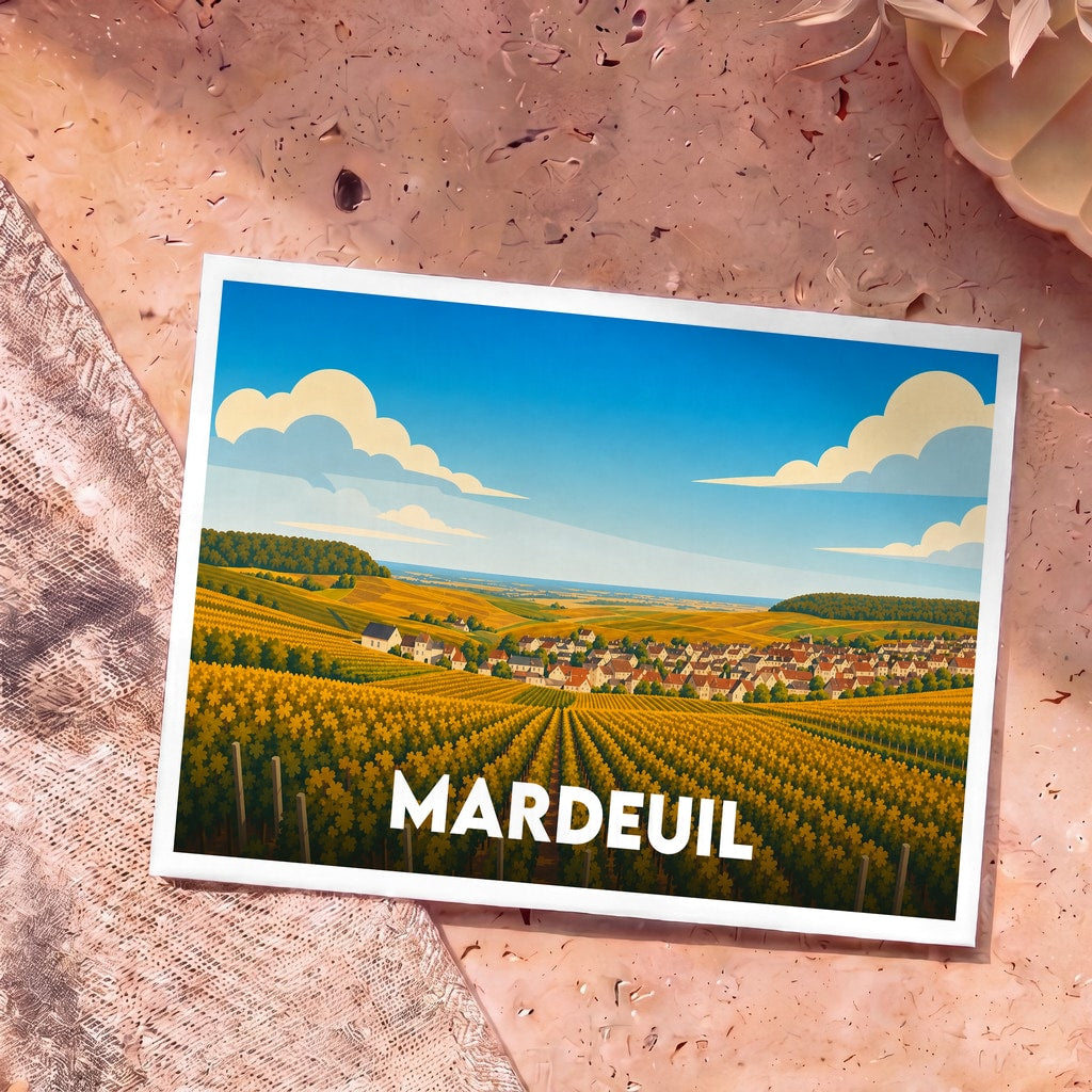 Carte postale souvenir de la ville de Mardeuil avec une illustration stylisée de ses vignobles.