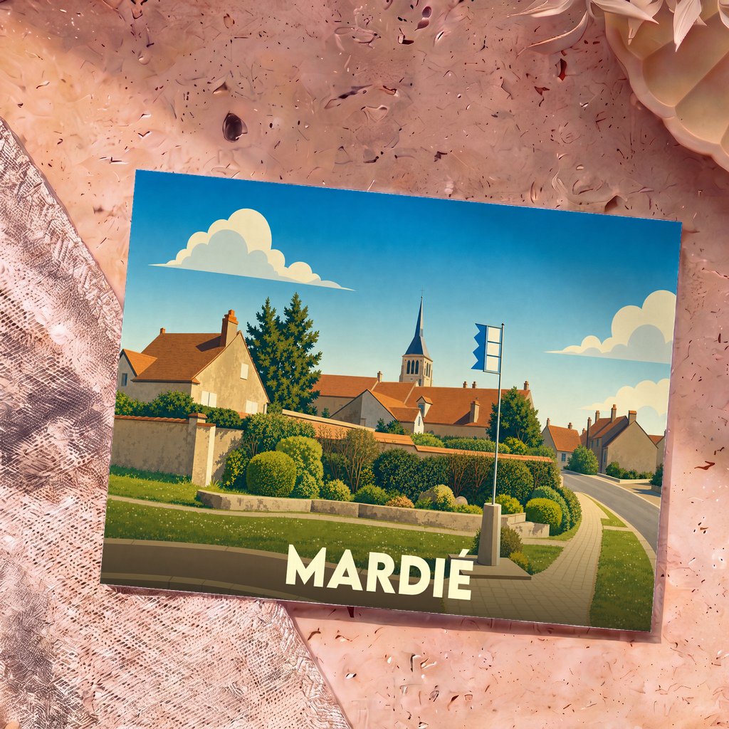 Carte postale souvenir de la ville de Mardié avec une illustration stylisée de ses maisons et de son église.