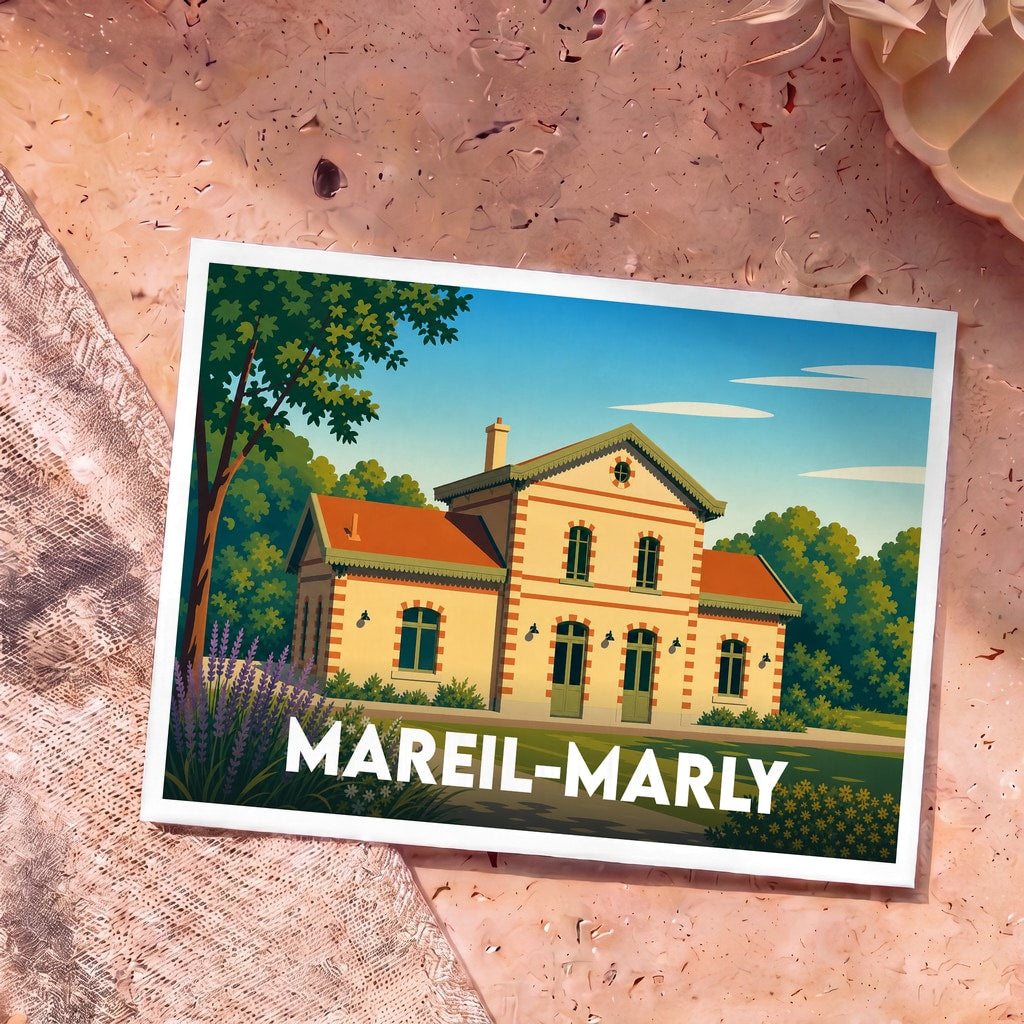 Carte postale souvenir de la ville de Mareil-Marly avec une illustration stylisée de sa gare entourée de verdure.