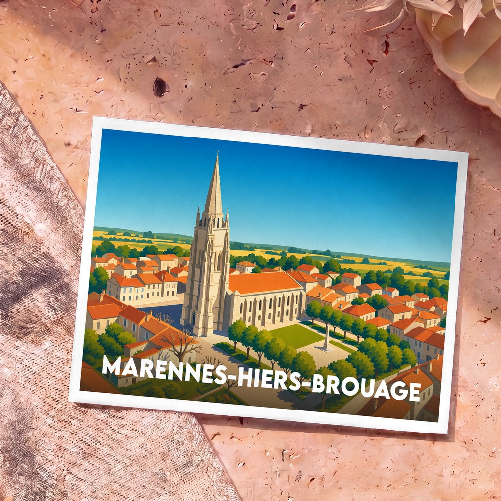 Carte postale souvenir de la ville de Marennes-Hiers-Brouage illustrant son église et ses toits typiques dans un style graphique épuré.