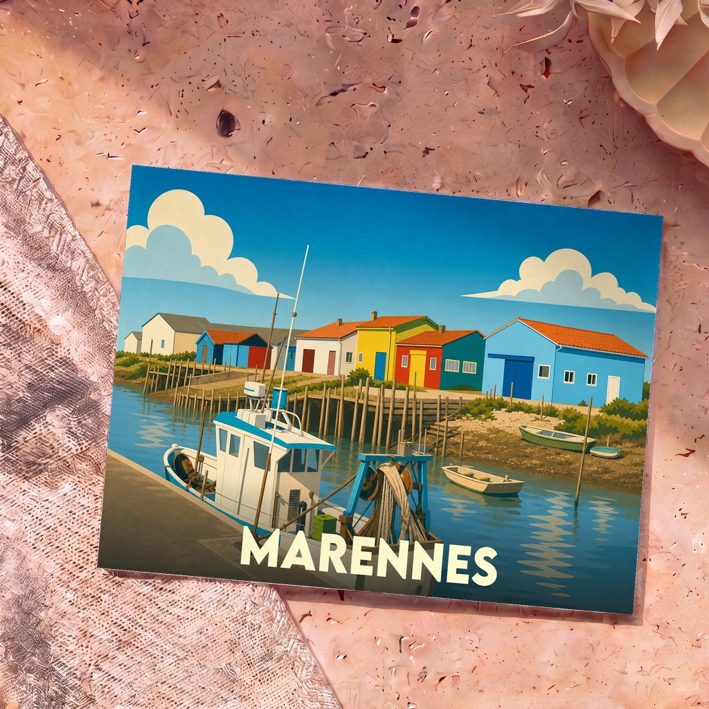 Carte postale souvenir de la ville de Marennes avec une illustration stylisée de son port et de ses cabanes colorées.