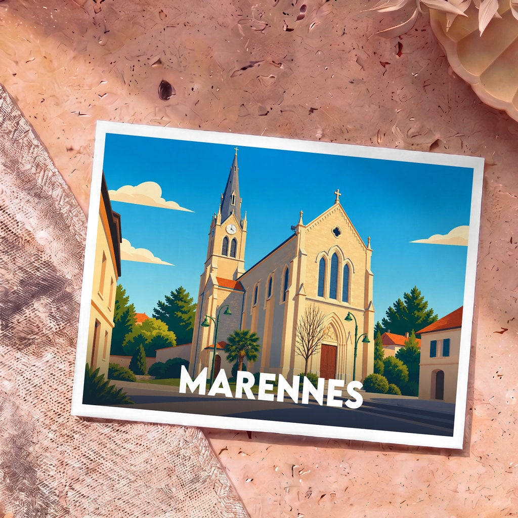 Carte postale souvenir de la ville de Marennes avec une illustration stylisée de son église sous un ciel bleu.