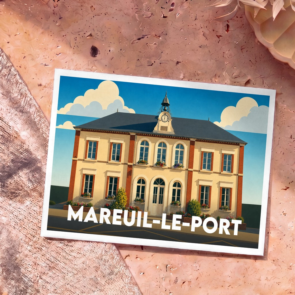 Carte postale souvenir de la ville de Mareuil-le-Port avec une illustration stylisée de la mairie.