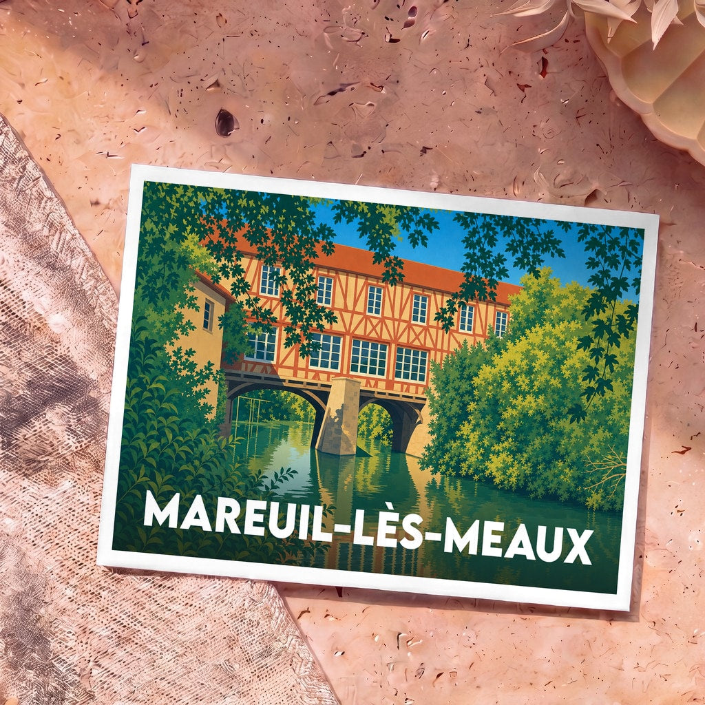 Carte postale souvenir de la ville de Mareuil-lès-Meaux avec une illustration stylisée d'un moulin à pans de bois sur l'eau.