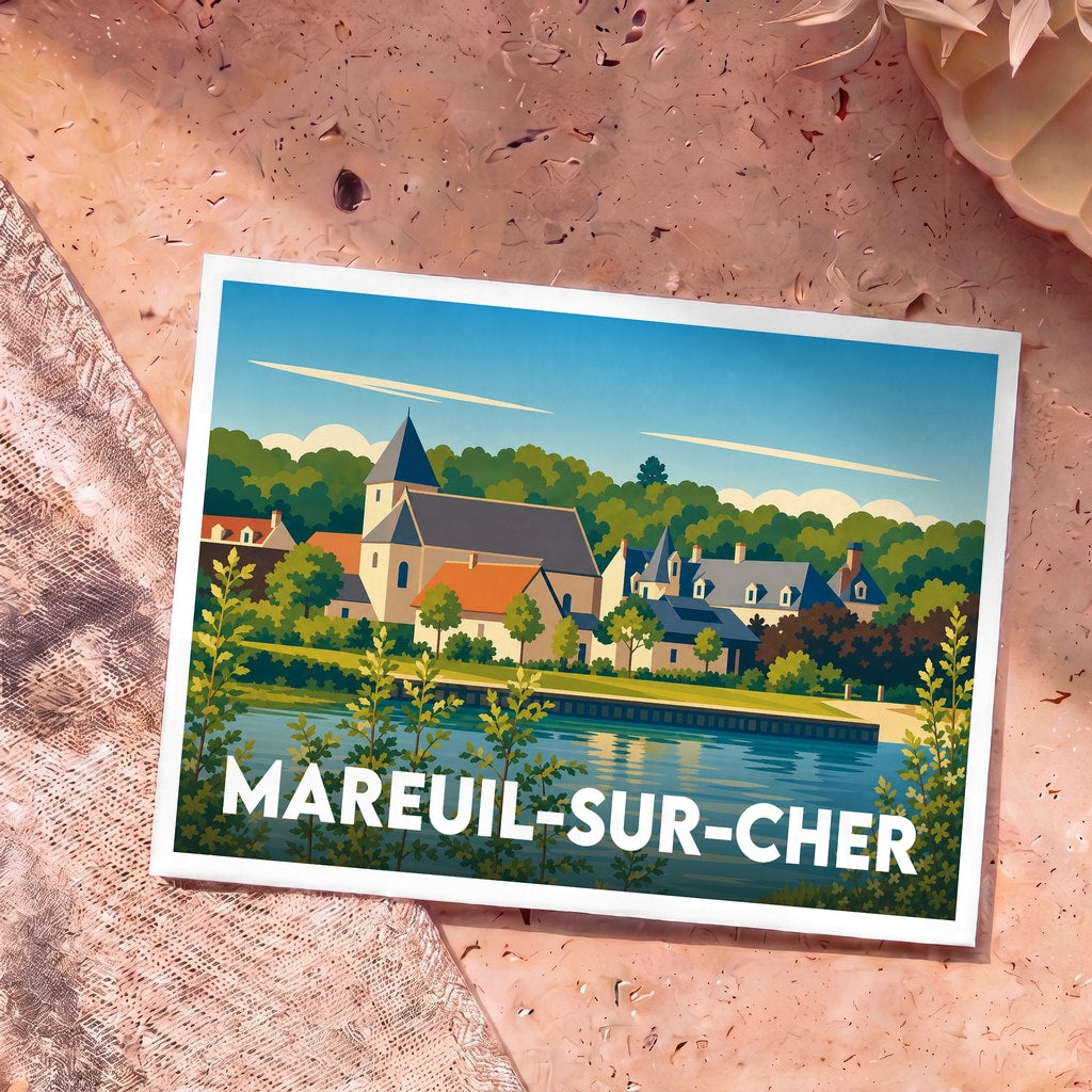 Carte postale souvenir de Mareuil-sur-Cher avec une illustration stylisée de la ville au bord de l'eau.