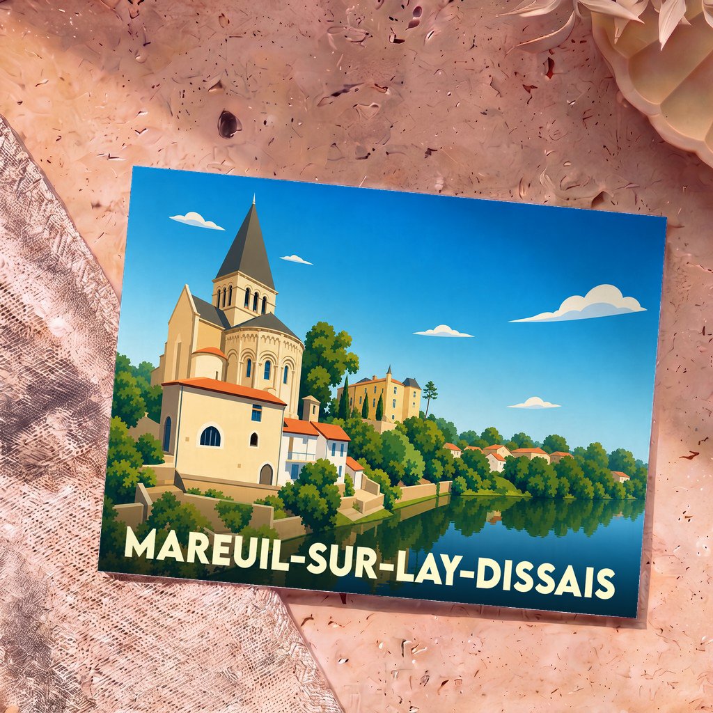 Carte postale souvenir de Mareuil-sur-Lay-Dissais illustrée d'une vue stylisée du village et de son église au bord de l'eau.