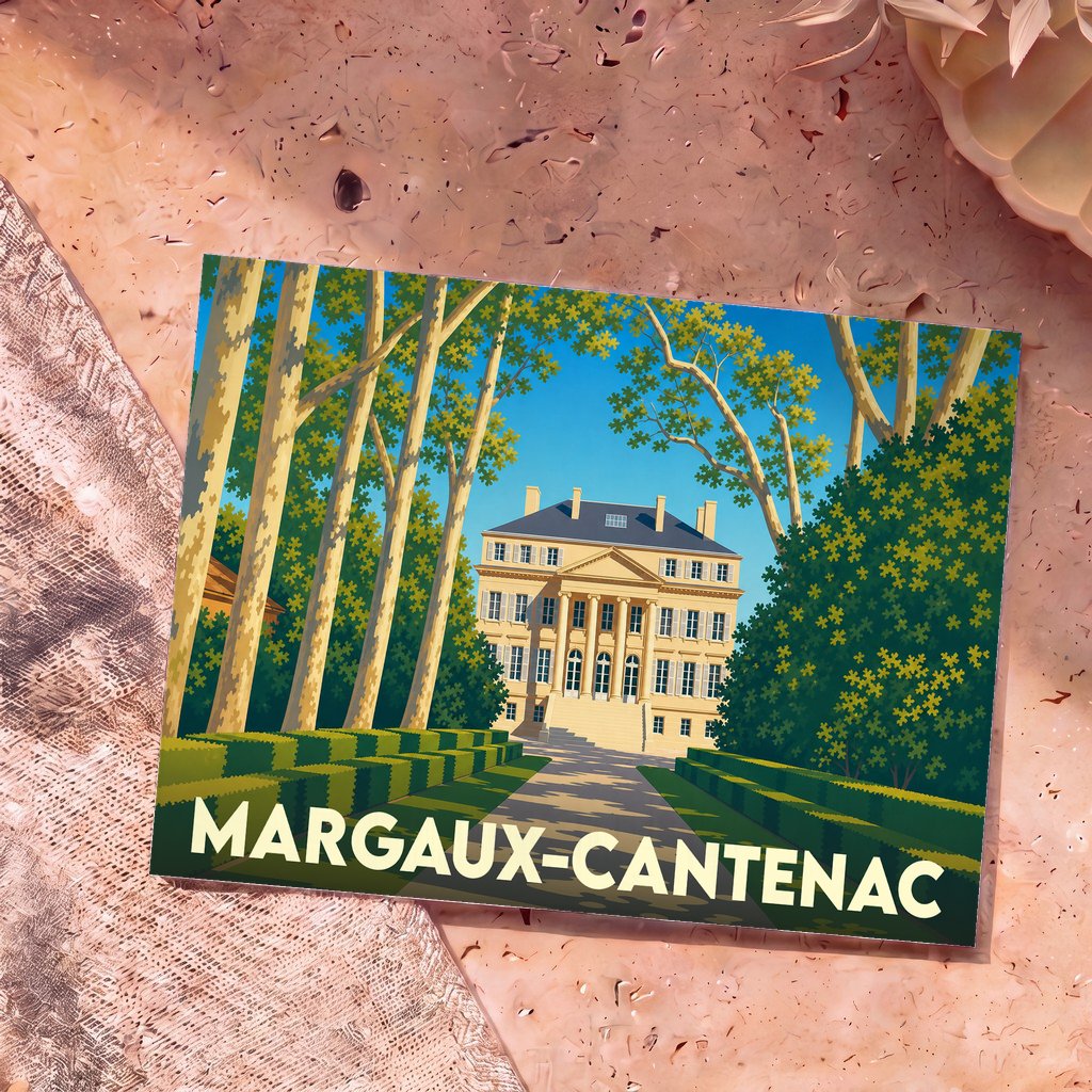 Carte postale souvenir de la ville de Margaux-Cantenac avec une illustration stylisée du Château Margaux.