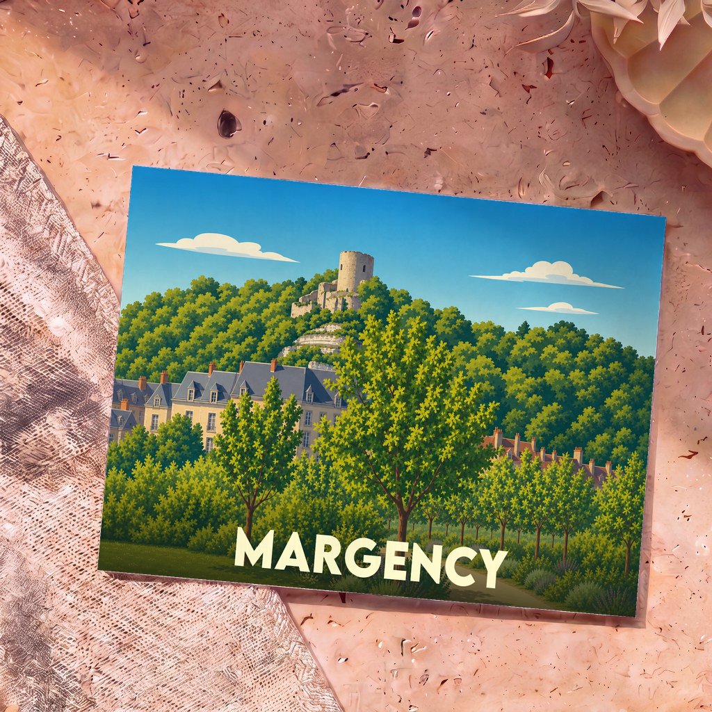Carte postale souvenir de la ville de Margency avec une illustration stylisée.