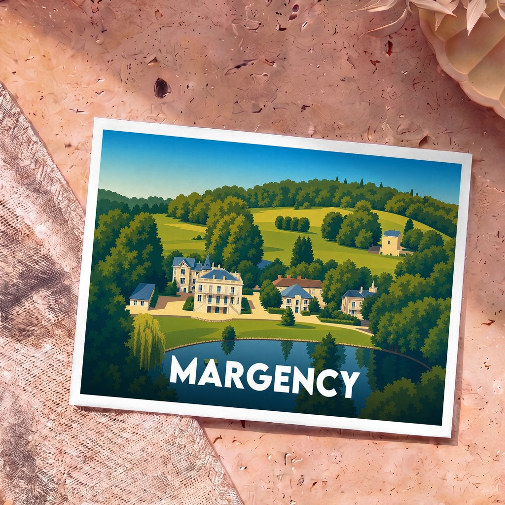 Carte postale souvenir de la ville de Margency avec une illustration stylisée d'un domaine arboré et son étang.