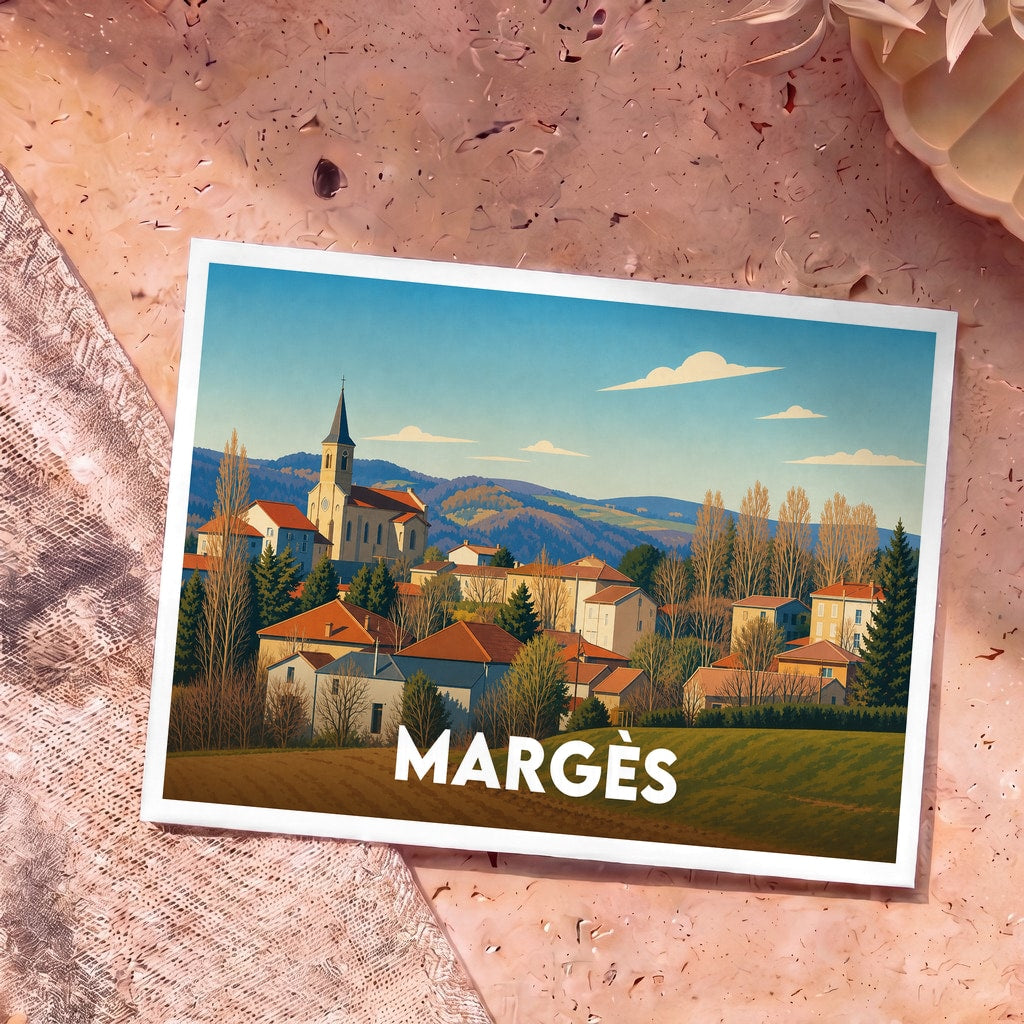 Carte postale souvenir de la ville de Margès avec une illustration stylisée de son église et de ses paysages vallonnés.