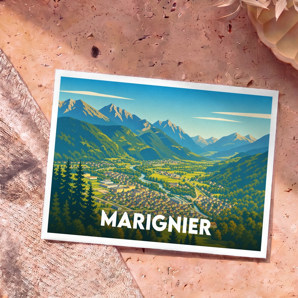 Carte postale souvenir de la ville de Marignier avec une illustration stylisée d'une vallée montagneuse.
