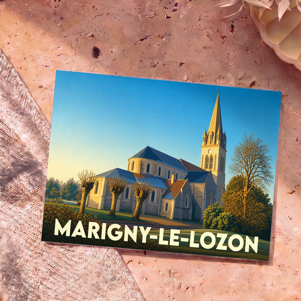 Carte postale souvenir de la ville de Marigny-Le-Lozon avec une illustration stylisée de son église sous un ciel bleu.