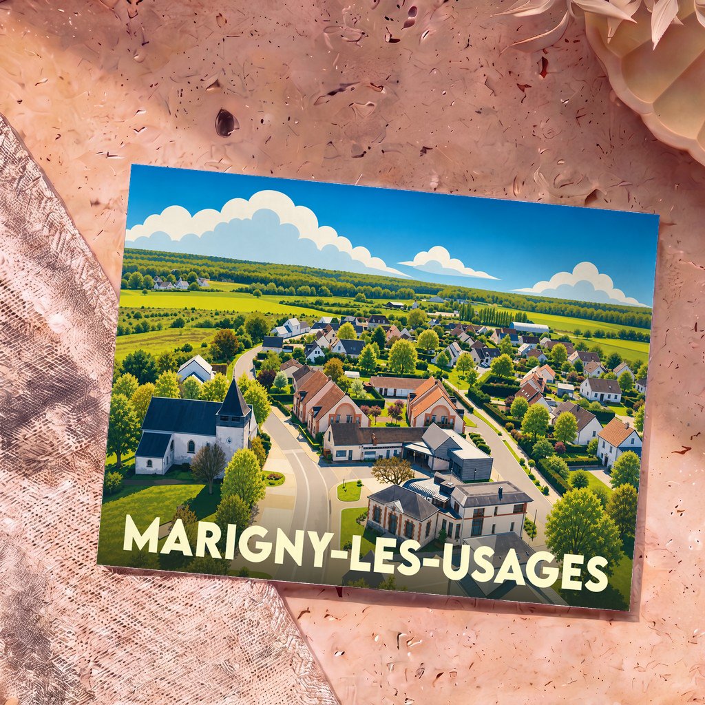 Carte postale souvenir de Marigny-les-Usages présentant une vue aérienne stylisée du village et de sa campagne.