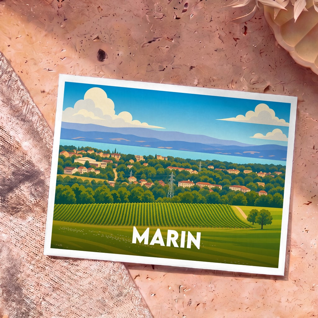 Carte postale souvenir de la ville de Marin avec une illustration stylisée de vignobles et de paysages côtiers.