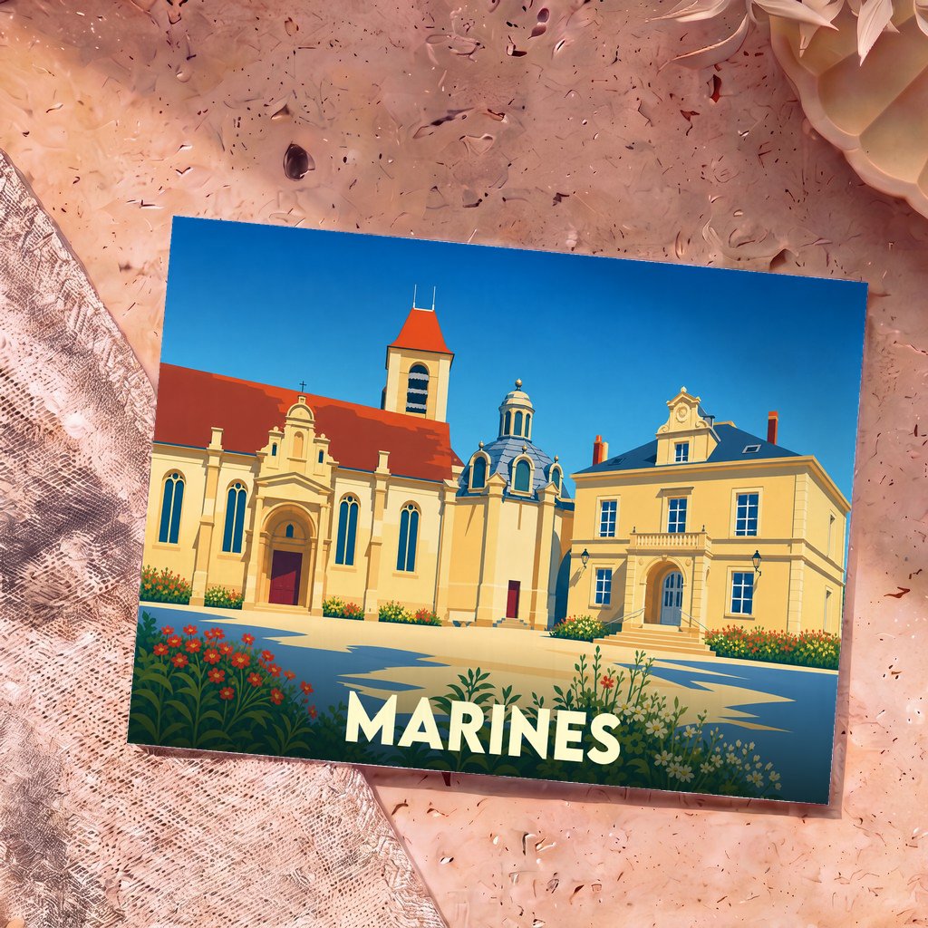 Carte postale souvenir de la ville de Marines avec une illustration stylisée de son patrimoine architectural.