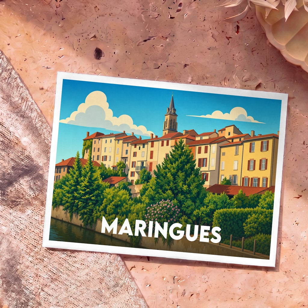 Carte postale souvenir de la ville de Maringues illustrant ses façades colorées au bord de l'eau dans un style graphique épuré.