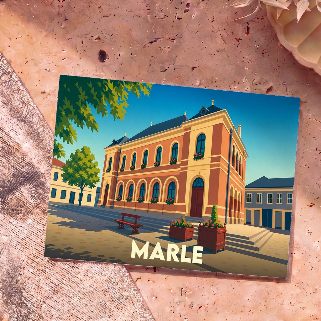 Carte postale souvenir de la ville de Marle avec une illustration stylisée de son hôtel de ville.