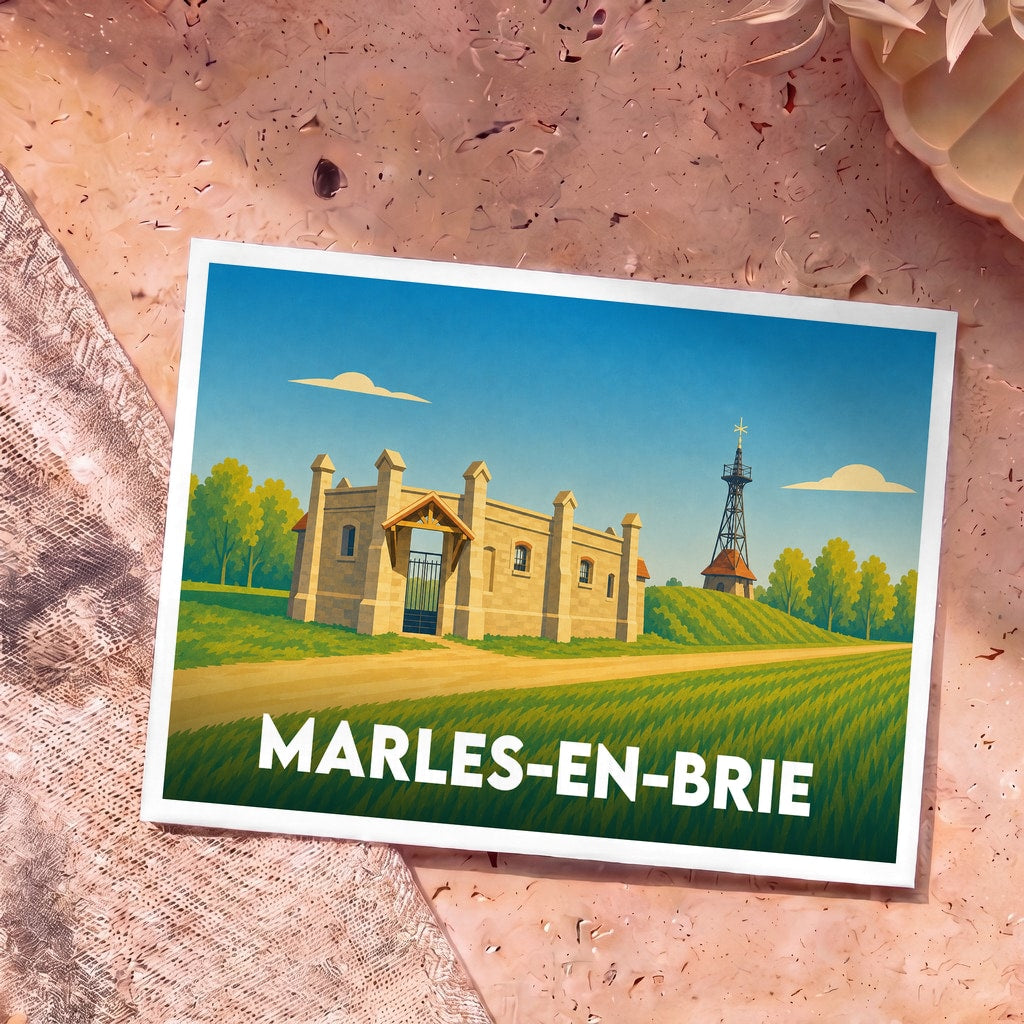 Carte postale souvenir de Marles-en-Brie avec une illustration stylisée de son patrimoine architectural et d'une tour en fer.