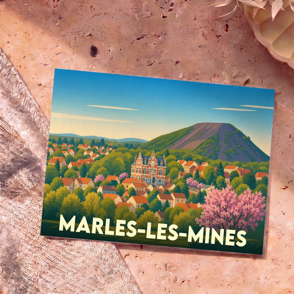 Carte postale souvenir de la ville de Marles-les-Mines avec une illustration stylisée.