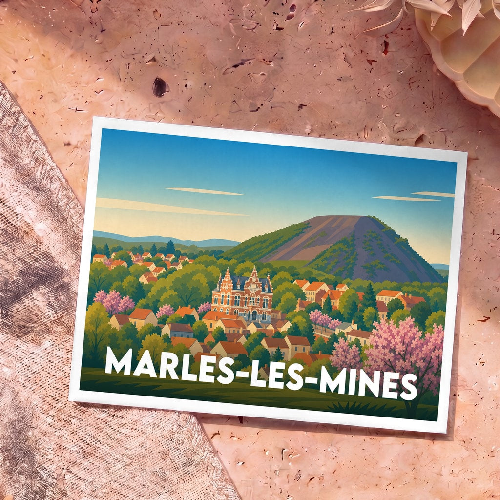 Carte postale souvenir de la ville de Marles-les-Mines avec une illustration stylisée.