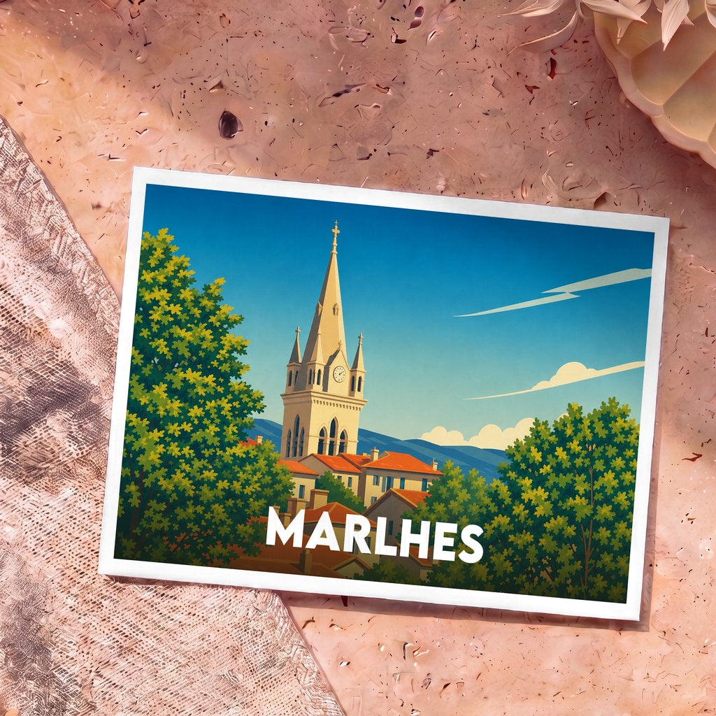 Carte postale souvenir de la ville de Marlhes avec une illustration stylisée de son église et de ses toits.