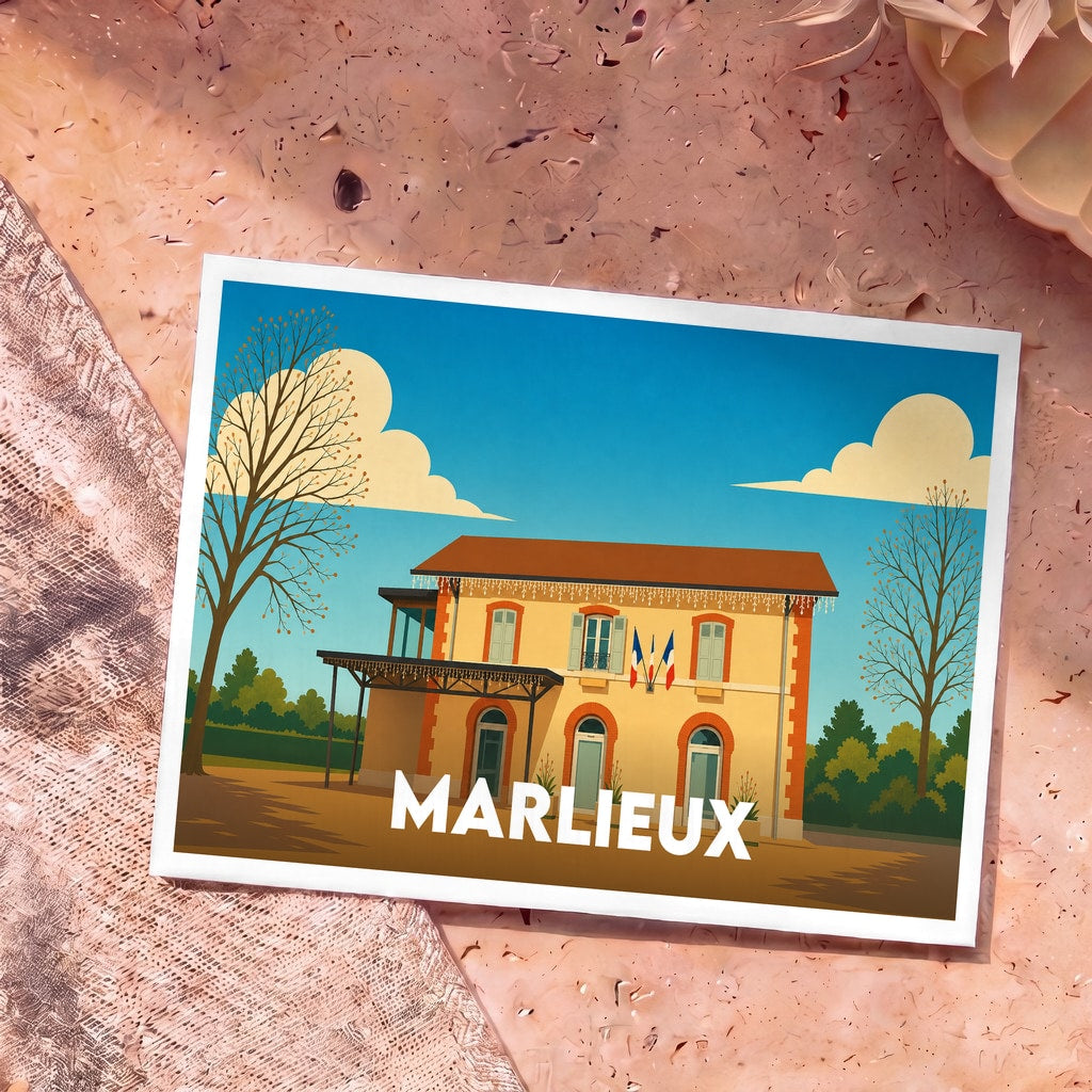 Carte postale souvenir de la ville de Marlieux avec une illustration stylisée de sa mairie.