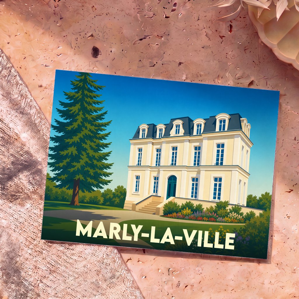 Carte postale souvenir de la ville de Marly-la-Ville avec une illustration stylisée d'une demeure bourgeoise.