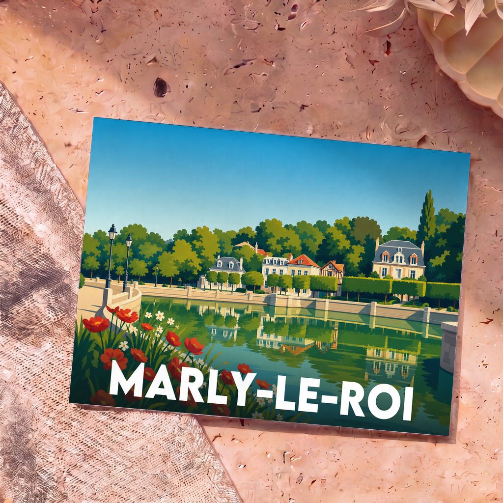 Carte postale souvenir de la ville de Marly-le-Roi avec une illustration stylisée de son parc et de ses bassins.
