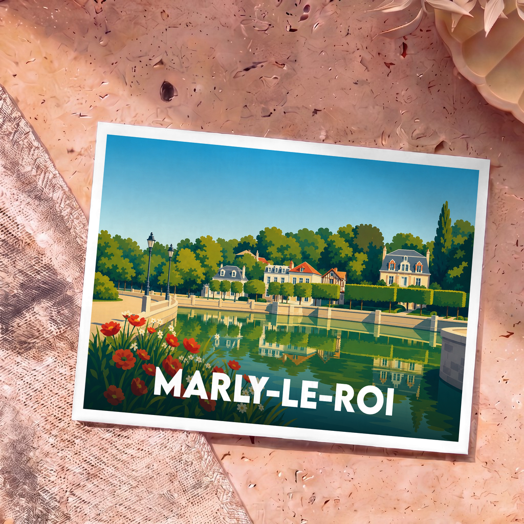 Carte postale souvenir de la ville de Marly-le-Roi avec une illustration stylisée de son parc et de ses bassins.