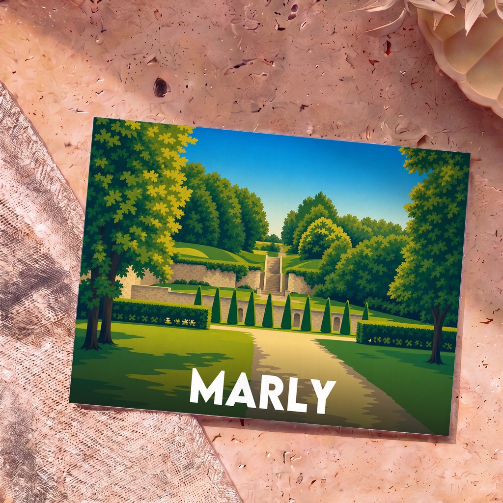Carte postale souvenir de la ville de Marly avec une illustration stylisée de son parc et de ses jardins.