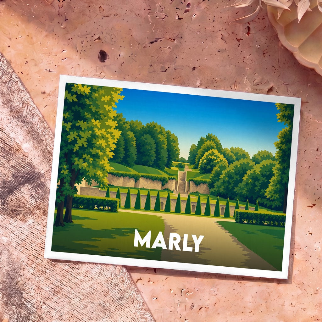 Carte postale souvenir de la ville de Marly avec une illustration stylisée de son parc et de ses jardins.