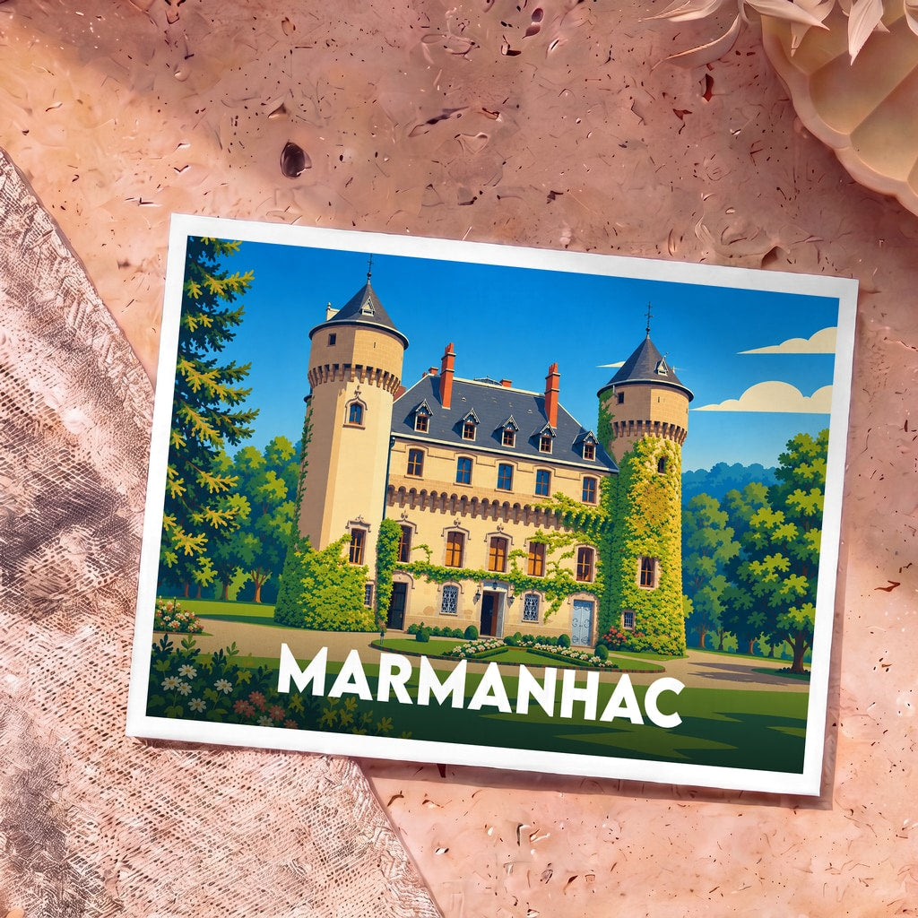 Carte postale souvenir de la ville de Marmanhac illustrant un château entouré de verdure dans un style graphique épuré.