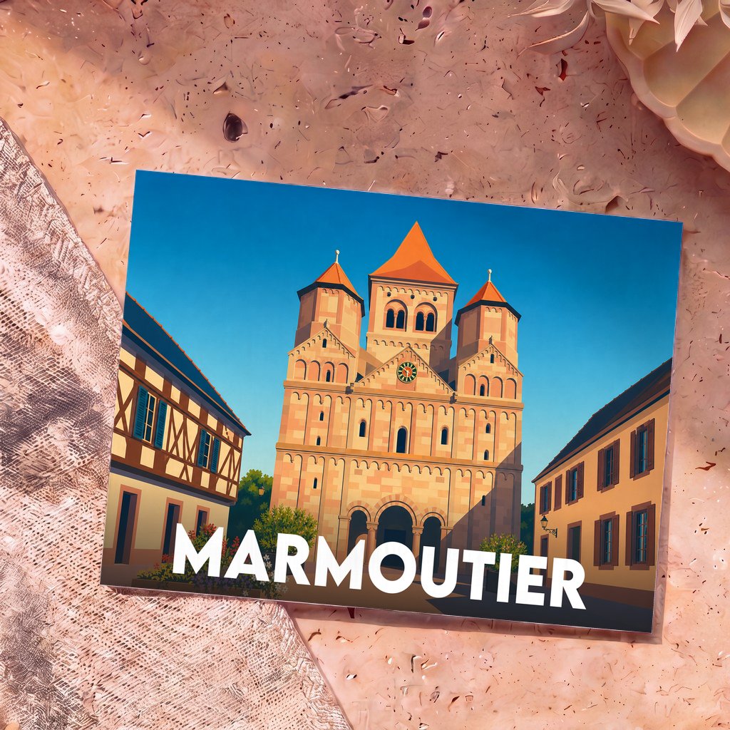 Carte postale souvenir de la ville de Marmoutier avec une illustration stylisée de son abbaye et de maisons à colombages.